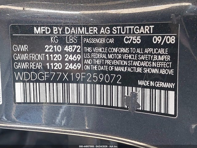 Aukcja sprzedaży 2009 Mercedes-benz C 63 Amg, vin: WDDGF77X19F259072, numer aukcji: 44957008