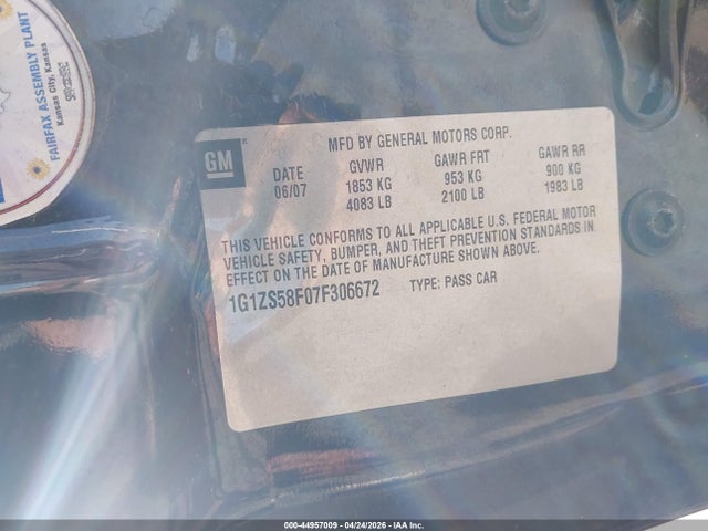 44957009 :رقم المزاد ، 1G1ZS58F07F306672 vin ، 2007 Chevrolet Malibu Ls مزاد بيع