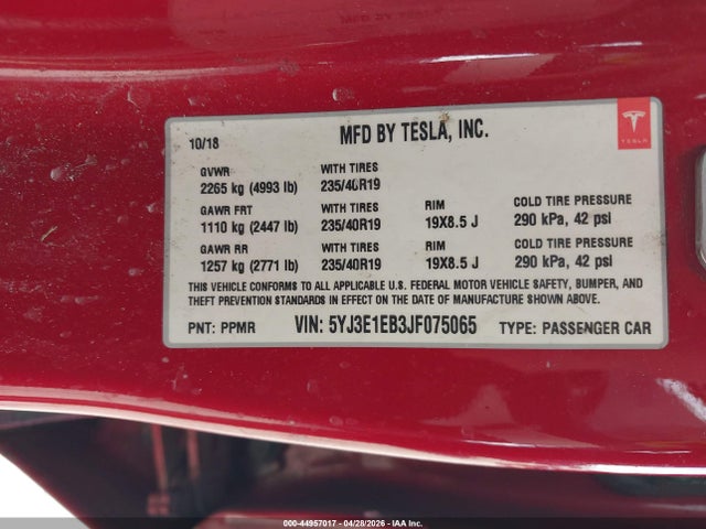 Aukcja sprzedaży 2018 Tesla Model 3 Long Range/performance, vin: 5YJ3E1EB3JF075065, numer aukcji: 44957017