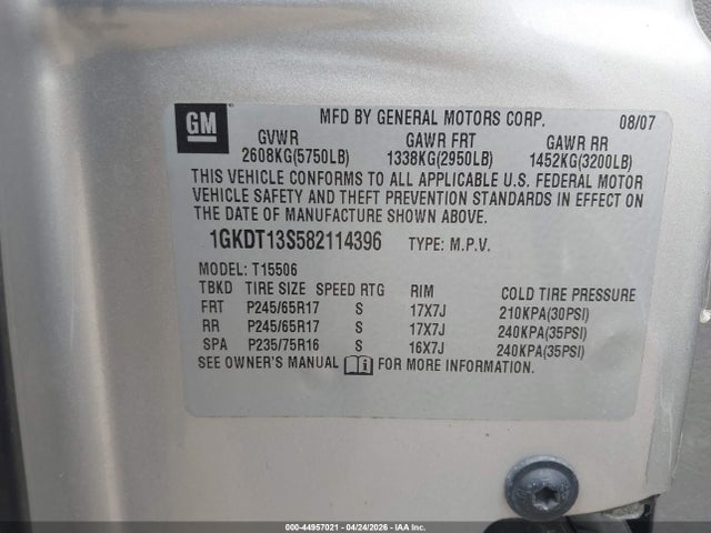 44957021 :رقم المزاد ، 1GKDT13S582114396 vin ، 2008 Gmc Envoy Sle مزاد بيع