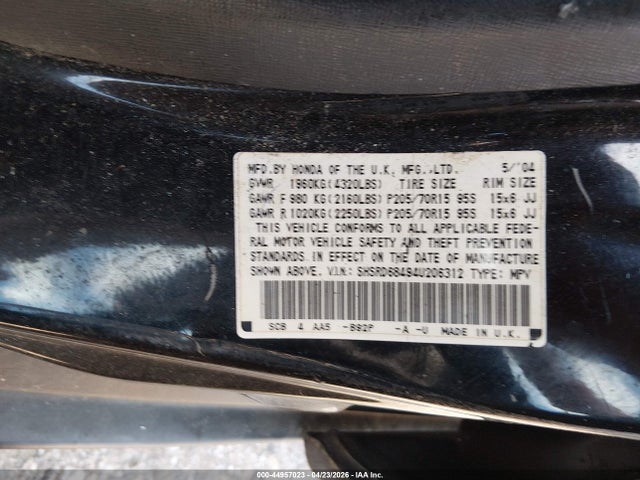 44957023 :رقم المزاد ، SHSRD68494U206312 vin ، 2004 Honda Cr-v Lx مزاد بيع