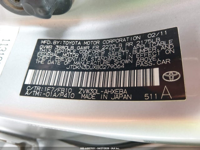 44957031 :رقم المزاد ، JTDKN3DUXB0279064 vin ، 2011 Toyota Prius Three مزاد بيع