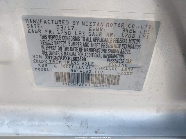 3N1CN7APXHL863490 Nissan Versa 1.6 S+
