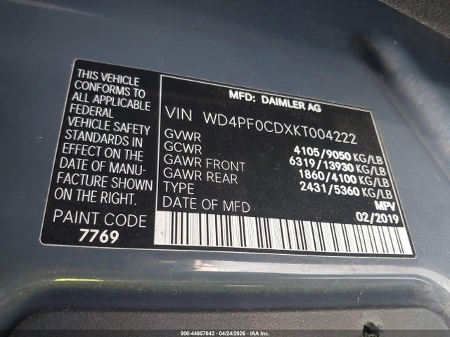 44957042 :رقم المزاد ، WD4PF0CDXKT004222 vin ، 2019 Mercedes-benz Sprinter 2500 Standard Roof V6 مزاد بيع