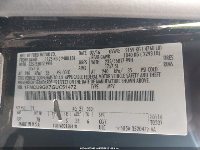44957046 :رقم المزاد ، 1FMCU9GX7GUC61472 vin ، 2016 Ford Escape Se مزاد بيع