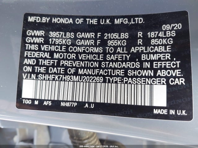 Продажа на аукционе авто 2021 Honda Civic Sport Touring, vin: SHHFK7H93MU202269, номер лота: 44957054