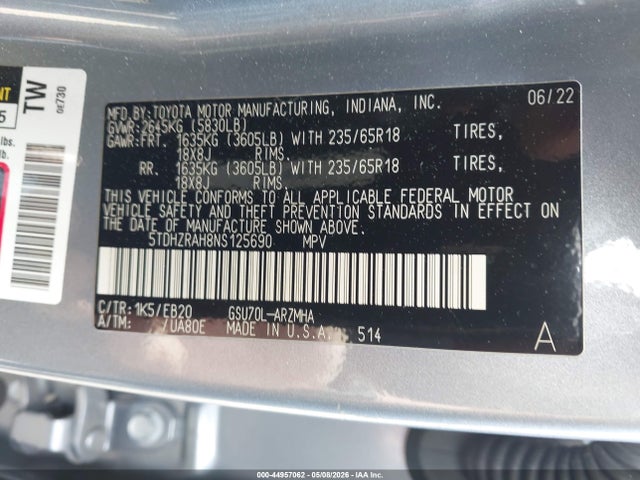 2022 Toyota Highlander Xle მანქანა იყიდება აუქციონზე, vin: 5TDHZRAH8NS125690, აუქციონის ნომერი: 44957062