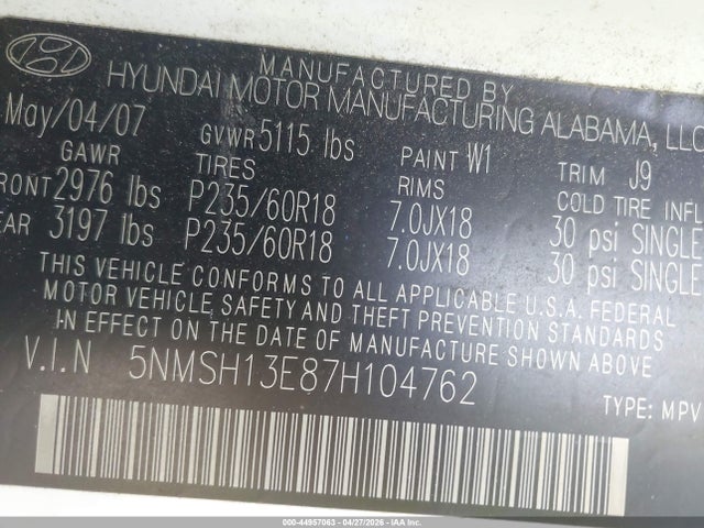 Auction sale of the 2007 Hyundai Santa Fe Limited/se, vin: 5NMSH13E87H104762, lot number: 44957063