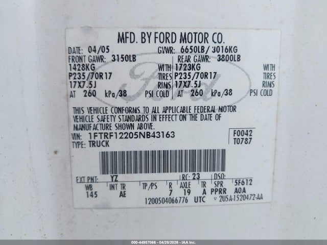 Aukcja sprzedaży 2005 Ford F-150 Stx/xl/xlt, vin: 1FTRF12205NB43163, numer aukcji: 44957066