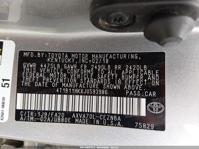 44957072 :رقم المزاد ، 4T1B11HKXJU593986 vin ، 2018 Toyota Camry Le مزاد بيع