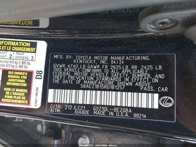 44957077 :رقم المزاد ، 58AEZ1B15RU181257 vin ، 2024 Lexus Es 350 Luxury مزاد بيع