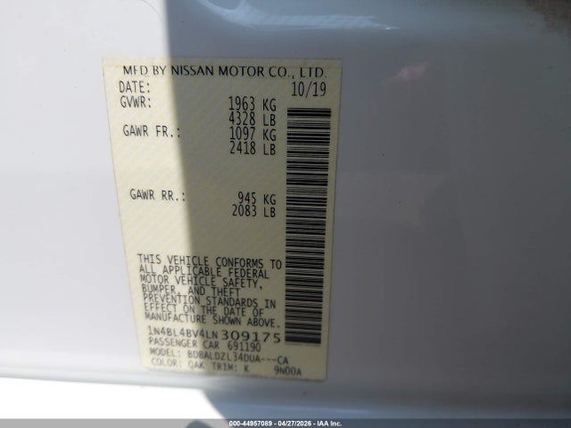 Продаж на аукціоні авто 2020 Nissan Altima S Fwd, vin: 1N4BL4BV4LN309175, номер лоту: 44957089