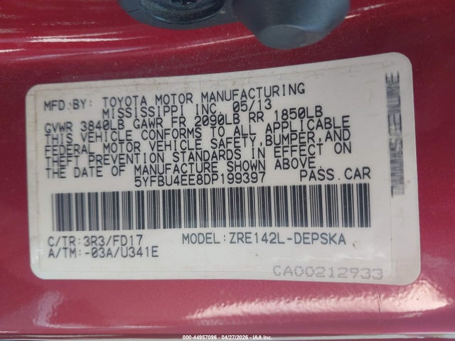 2013 Toyota Corolla S მანქანა იყიდება აუქციონზე, vin: 5YFBU4EE8DP199397, აუქციონის ნომერი: 44957096