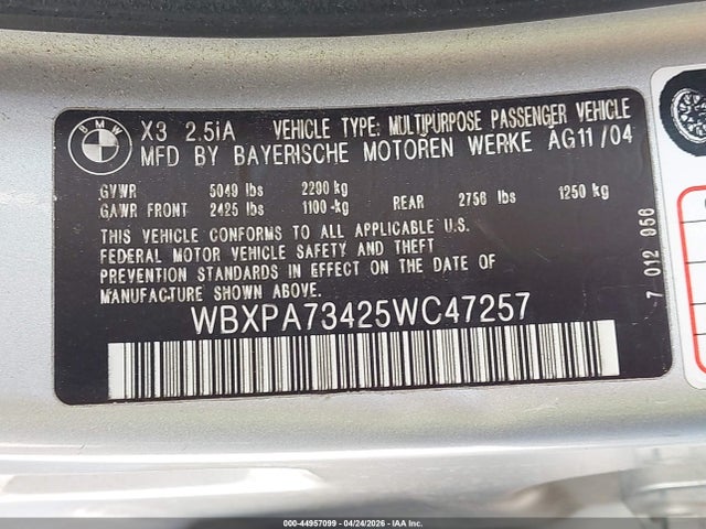 2005 Bmw X3 2.5i მანქანა იყიდება აუქციონზე, vin: WBXPA73425WC47257, აუქციონის ნომერი: 44957099
