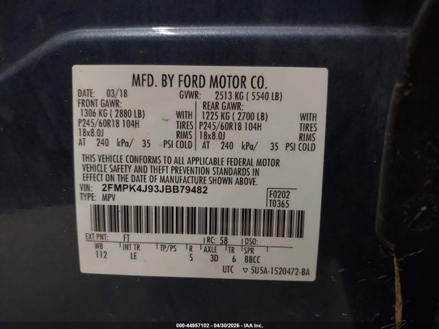Продаж на аукціоні авто 2018 Ford Edge Sel, vin: 2FMPK4J93JBB79482, номер лоту: 44957102