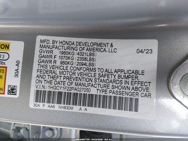 Aukcja sprzedaży 2023 Honda Accord Lx, vin: 1HGCY1F22PA027050, numer aukcji: 44957105