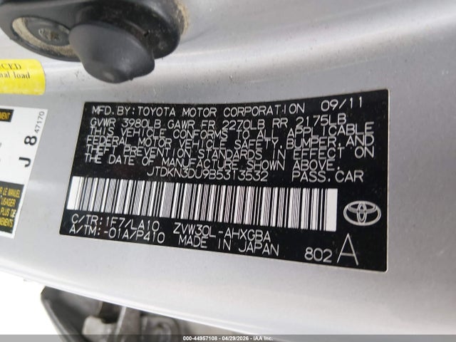 2011 Toyota Prius Four მანქანა იყიდება აუქციონზე, vin: JTDKN3DU9B5313532, აუქციონის ნომერი: 44957108