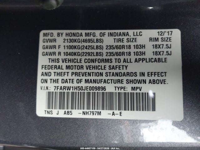 2018 Honda Cr-v Ex მანქანა იყიდება აუქციონზე, vin: 7FARW1H50JE009896, აუქციონის ნომერი: 44957109