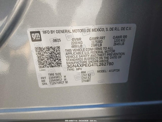 Aukcja sprzedaży 2026 Chevrolet Equinox Awd Lt, vin: 3GNAXPEG4TL262780, numer aukcji: 44957114