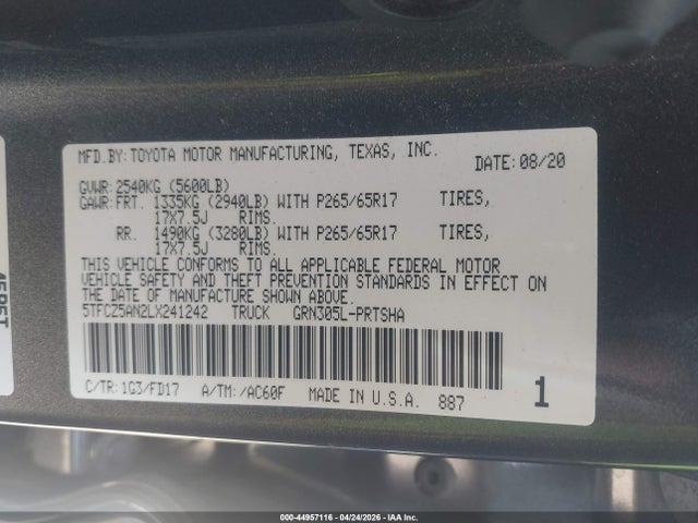 44957116 :رقم المزاد ، 5TFCZ5AN2LX241242 vin ، 2020 Toyota Tacoma Trd Sport مزاد بيع