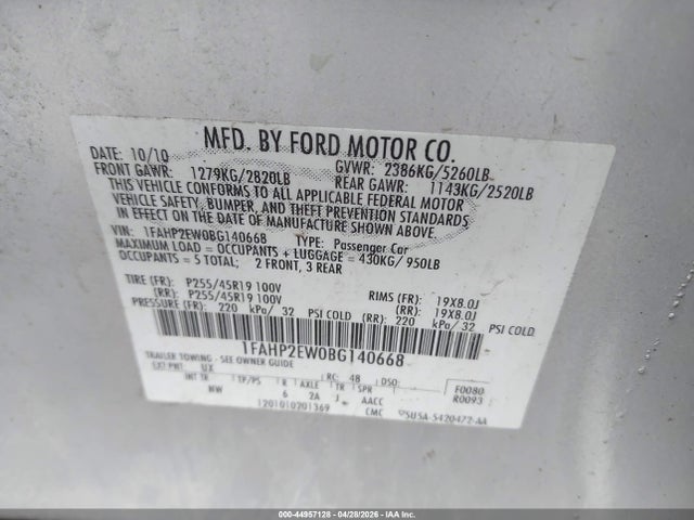 44957128 :رقم المزاد ، 1FAHP2EW0BG140668 vin ، 2011 Ford Taurus Sel مزاد بيع