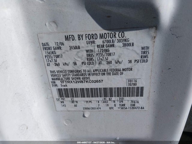 44957137 :رقم المزاد ، 1FTRX12W87KC02657 vin ، 2007 Ford F-150 Stx/xl/xlt مزاد بيع