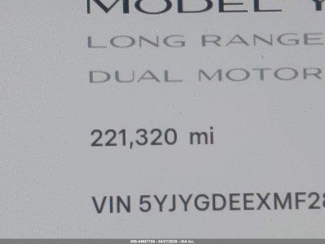 Продаж на аукціоні авто 2021 Tesla Model Y Long Range Dual Motor All-wheel Drive, vin: 5YJYGDEEXMF286943, номер лоту: 44957158