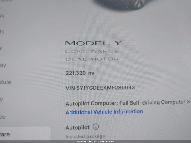 Продаж на аукціоні авто 2021 Tesla Model Y Long Range Dual Motor All-wheel Drive, vin: 5YJYGDEEXMF286943, номер лоту: 44957158