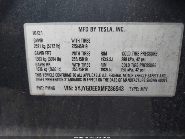 Продаж на аукціоні авто 2021 Tesla Model Y Long Range Dual Motor All-wheel Drive, vin: 5YJYGDEEXMF286943, номер лоту: 44957158