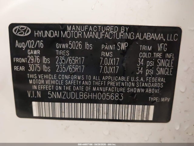 44957166 :رقم المزاد ، 5NMZUDLB6HH005683 vin ، 2017 Hyundai Santa Fe Sport 2.4l مزاد بيع
