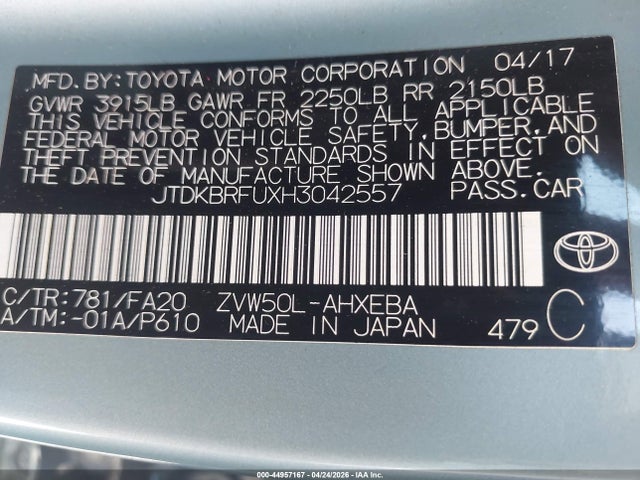 2017 Toyota Prius Two მანქანა იყიდება აუქციონზე, vin: JTDKBRFUXH3042557, აუქციონის ნომერი: 44957167