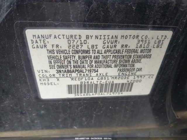 Aukcja sprzedaży 2010 Nissan Sentra 2.0sr, vin: 3N1AB6AP0AL719754, numer aukcji: 44957169