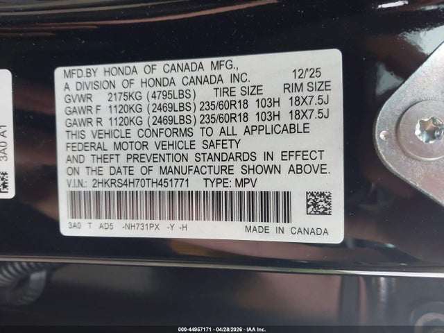 Aukcja sprzedaży 2026 Honda Cr-v Ex-l Awd, vin: 2HKRS4H70TH451771, numer aukcji: 44957171