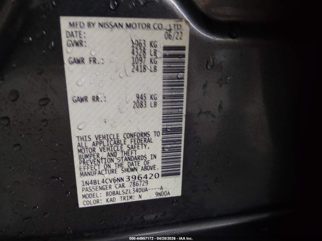 Продажа на аукционе авто 2022 Nissan Altima Sr Fwd, vin: 1N4BL4CV6NN396420, номер лота: 44957172