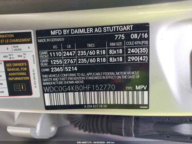 Продаж на аукціоні авто 2017 Mercedes-benz Glc 300 4matic, vin: WDC0G4KB0HF152770, номер лоту: 44957178