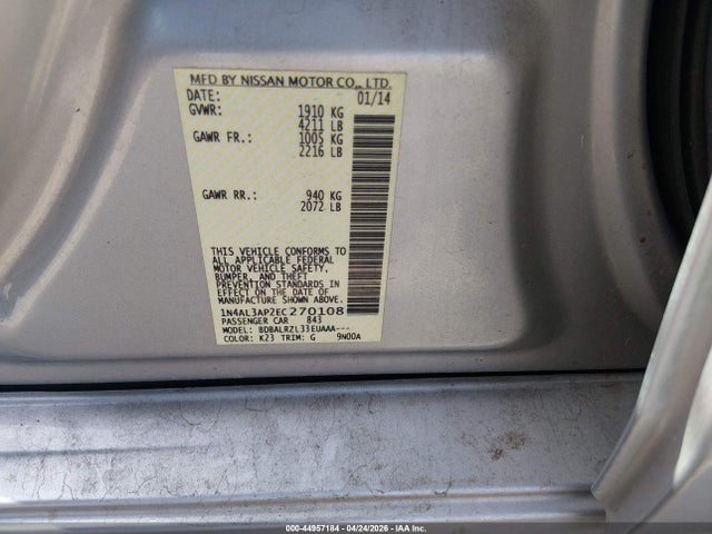 44957184 :رقم المزاد ، 1N4AL3AP2EC270108 vin ، 2014 Nissan Altima 2.5/2.5 S/2.5 Sl/2.5 Sv مزاد بيع