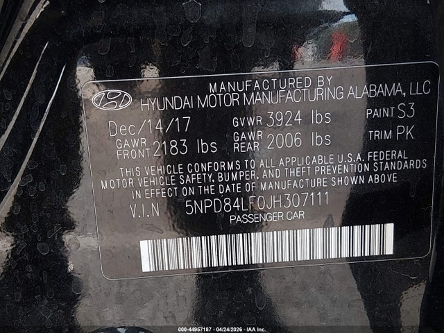 5NPD84LF0JH307111 Hyundai ELANTRA SEL