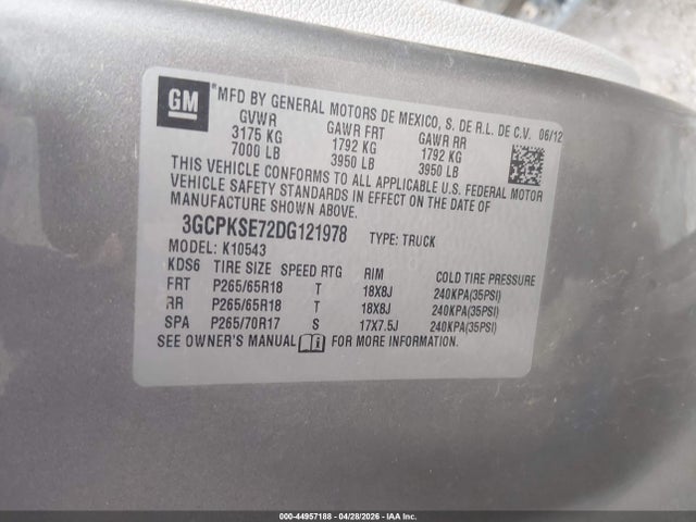 44957188 :رقم المزاد ، 3GCPKSE72DG121978 vin ، 2013 Chevrolet Silverado 1500 Lt مزاد بيع