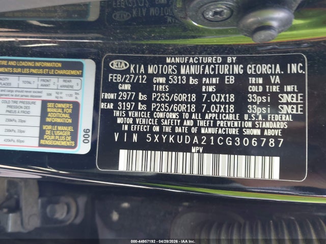 44957192 :رقم المزاد ، 5XYKUDA21CG306787 vin ، 2012 Kia Sorento Ex V6 مزاد بيع