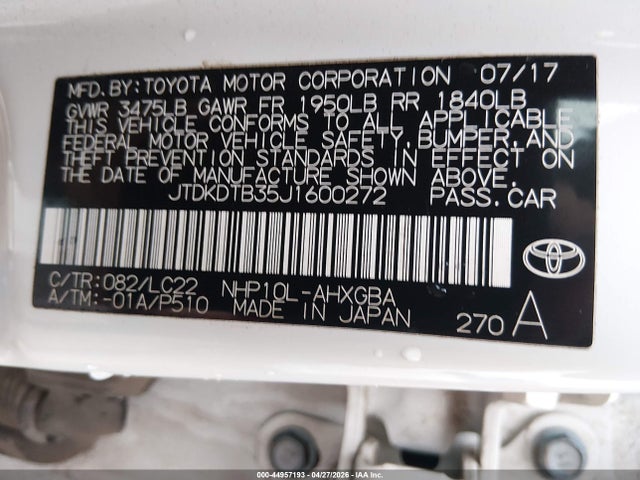 Aukcja sprzedaży 2018 Toyota Prius C Four, vin: JTDKDTB35J1600272, numer aukcji: 44957193