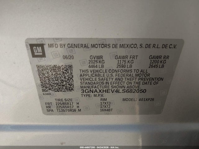44957200 :رقم المزاد ، 3GNAXHEV4LS682050 vin ، 2020 Chevrolet Equinox Fwd Ls مزاد بيع