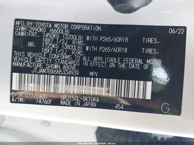 44957202 :رقم المزاد ، JTJAM7BX6N5334939 vin ، 2022 Lexus Gx 460 Premium مزاد بيع