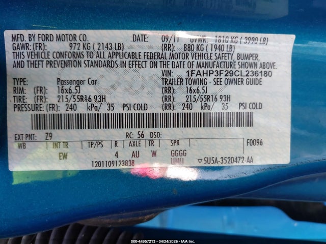 Продажа на аукционе авто 2012 Ford Focus Se, vin: 1FAHP3F29CL236180, номер лота: 44957213