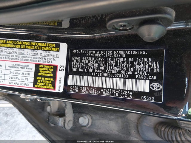 4T1B61HK2JU078403 Toyota CAMRY XSE