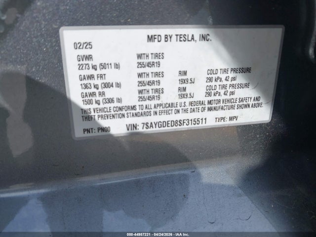 44957221 :رقم المزاد ، 7SAYGDED8SF315511 vin ، 2025 Tesla Model Y Long Range Dual Motor Rear-wheel Drive مزاد بيع