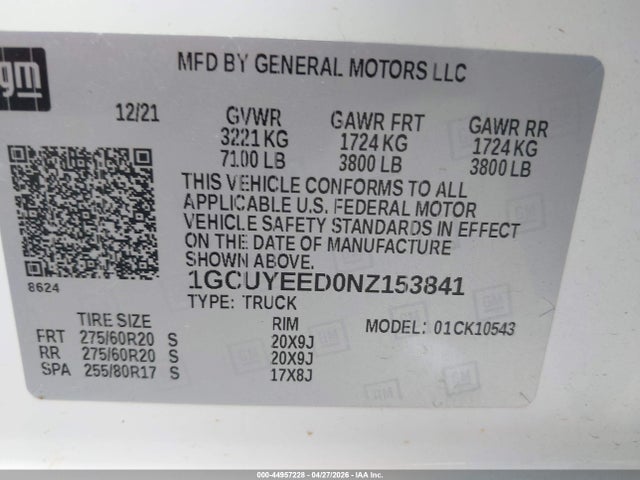 Продажа на аукционе авто 2022 Chevrolet Silverado 1500 Ltd 4wd  Short Bed Rst, vin: 1GCUYEED0NZ153841, номер лота: 44957228
