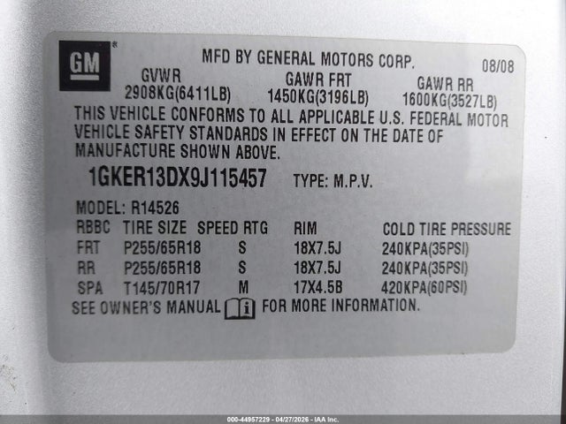 2009 Gmc Acadia Sle-1 მანქანა იყიდება აუქციონზე, vin: 1GKER13DX9J115457, აუქციონის ნომერი: 44957229