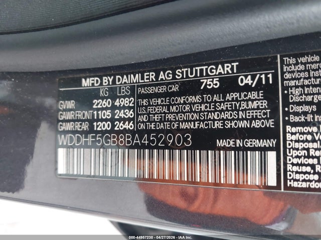 44957230 :رقم المزاد ، WDDHF5GB8BA452903 vin ، 2011 Mercedes-benz E 350 مزاد بيع