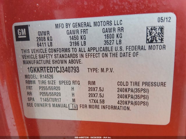 44957236 :رقم المزاد ، 1GKKRTED7CJ340793 vin ، 2012 Gmc Acadia Denali مزاد بيع