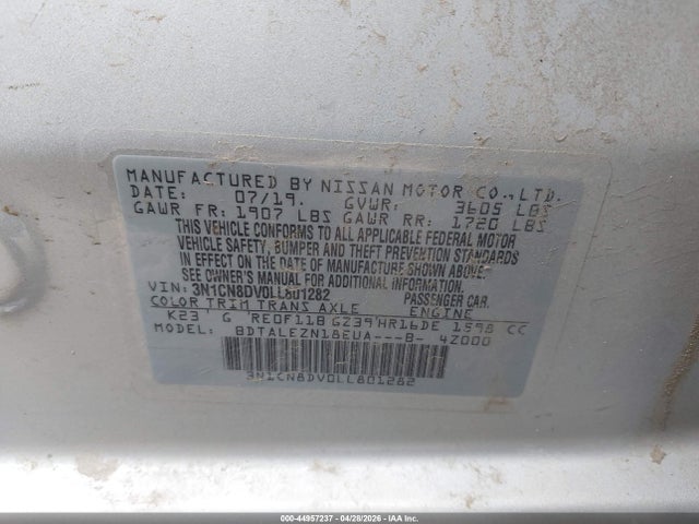3N1CN8DV0LL801282 Nissan Versa S Xtronic Cvt